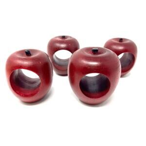 Set 4 Vintage Handmade Red Wood Apple Napkin Rings Farmhouse Primitive Cottage